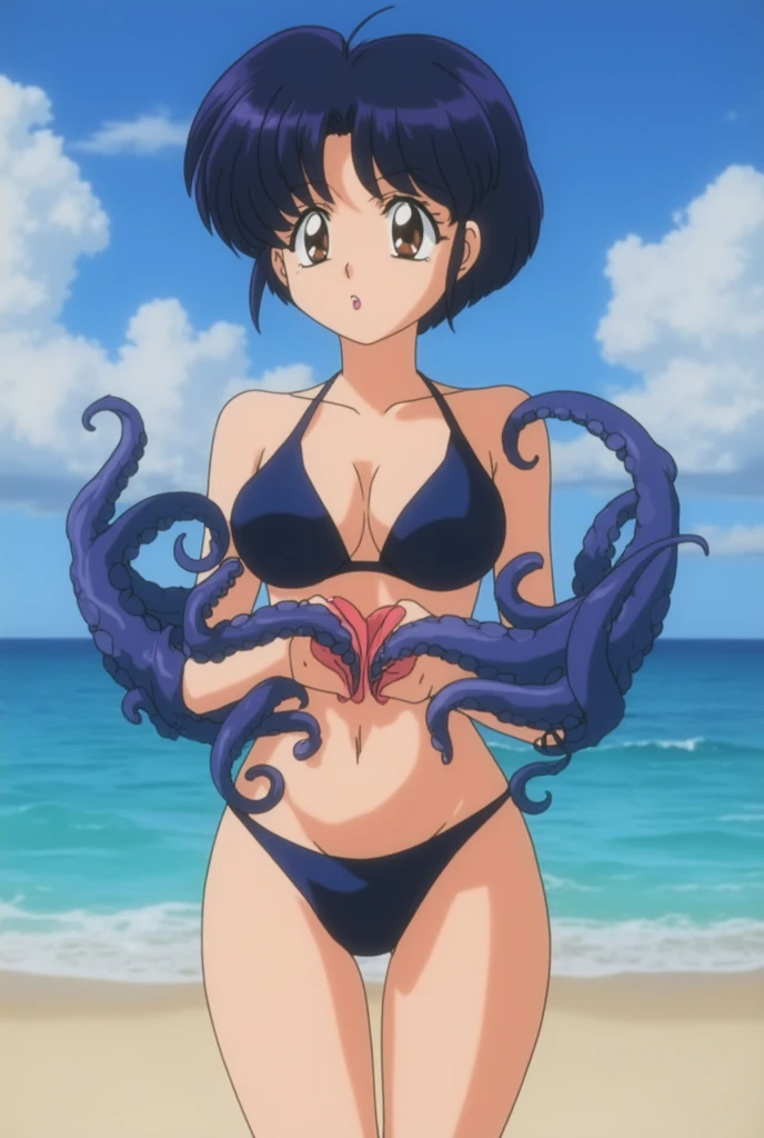mature female, mature, Adult,((Himeno_CSM)), Himeno(Chainsaw Man), Eye patch, One Girl, solo, Grin, Villain, bad woman, chest, Black Hair, View your audience, short hair, Seductive smile, A woman sits on a group of smooth tentacles, Open your arms, Raise the hand, Tentacle Background,Pink leotard,warm feeling,masterpiece,Top animation quality,Top image quality,cinematic feeling