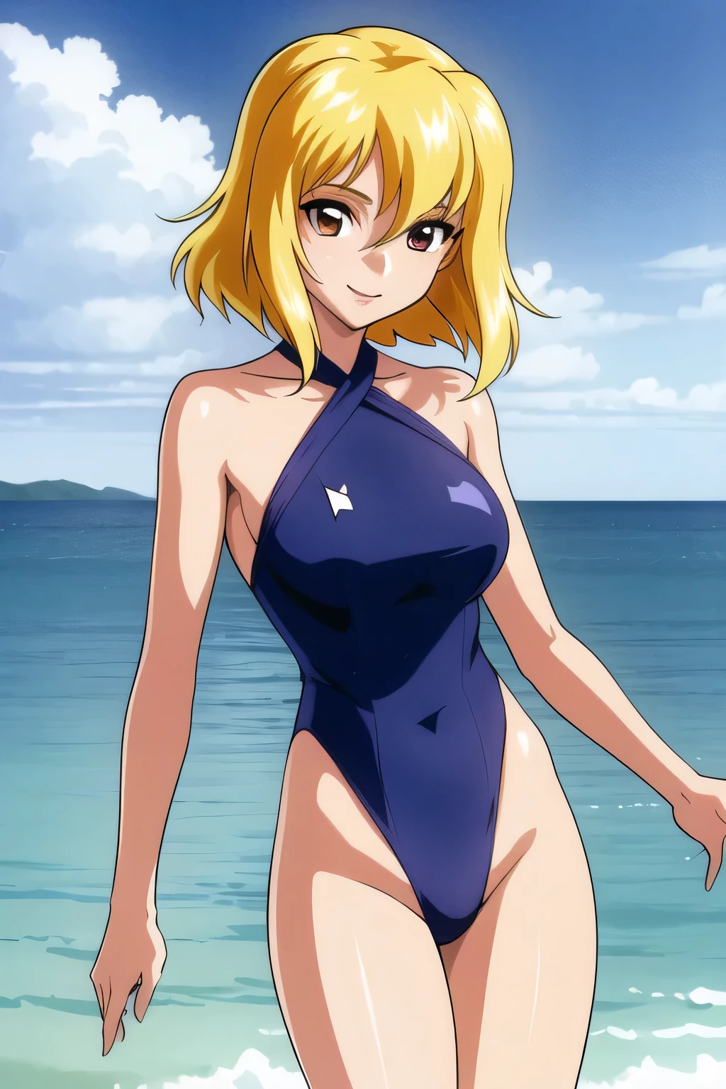 Can you draw a blonde,nice smile,I'm drawing her expression more delicately,I'm in the ocean ,can you draw a woman in a swimsuit in a micro bikini,can you look back at the blackboard and draw,don't crop your face because facial expression is a top priority,beautiful legs,Walking Alone, One person is enough 、 , , , ,Faces are very important,can you draw smaller huge breasts,Splendid Hips,Beautiful legs,
