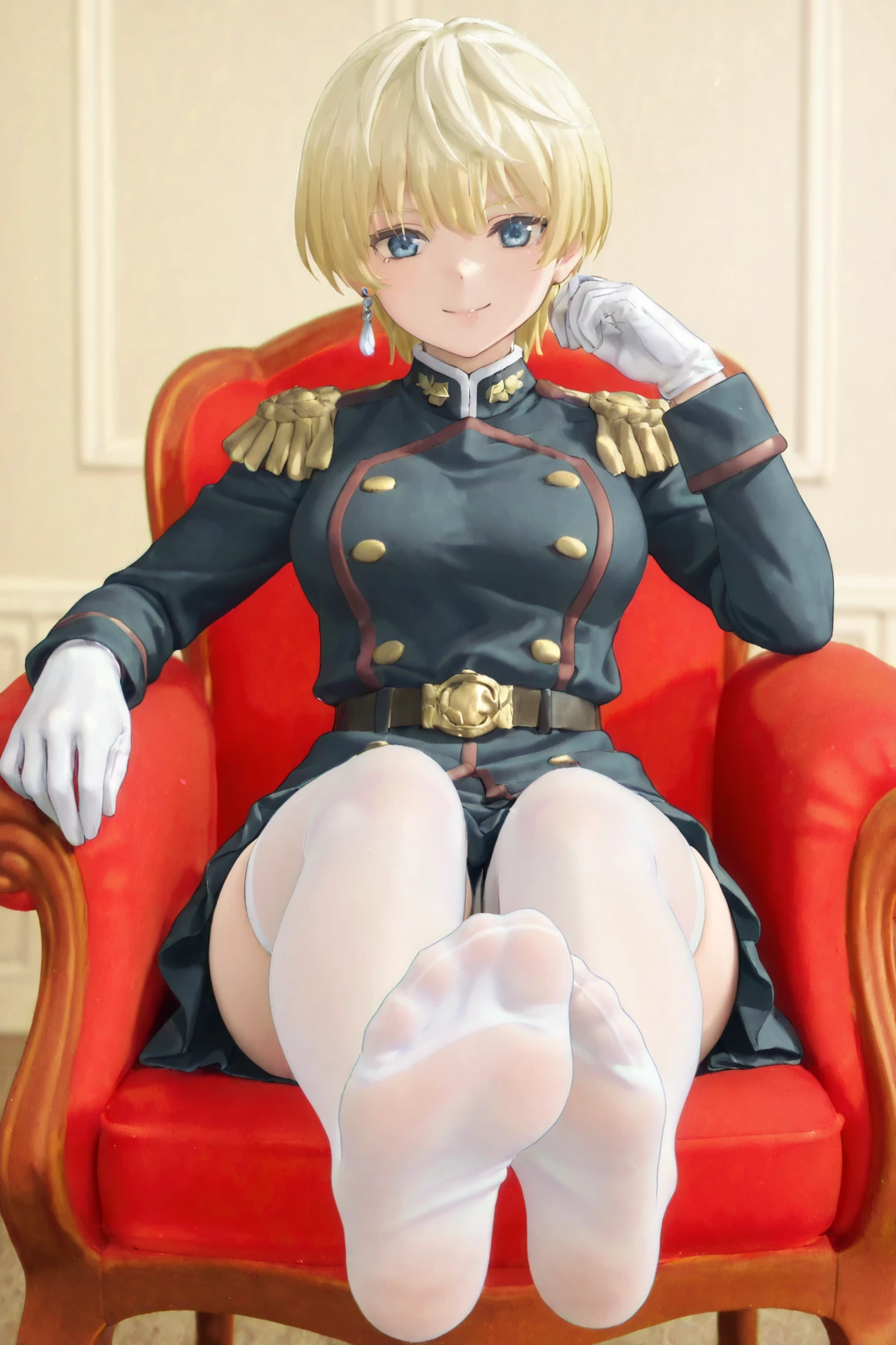 masterpiece, Highest quality, Absurd, High resolution, Very detailed, One Girl, army_uniform, uniform, Sitting, have, Epaulettes ,army, white_pants, green_Jacket,shako have,Napoleon, Infantry Regiment,green coat, green and white hackle, green and white plume, Blonde Bob Cut, green eyes, Conceit, Apply blush all over the face, Large Breasts, slightly larger hips, Tight waist, In the room,Pussy,Seduce,wet Pussy,Wet pussy、show、Love juice,Vaginal hole ,Have sex,Excited