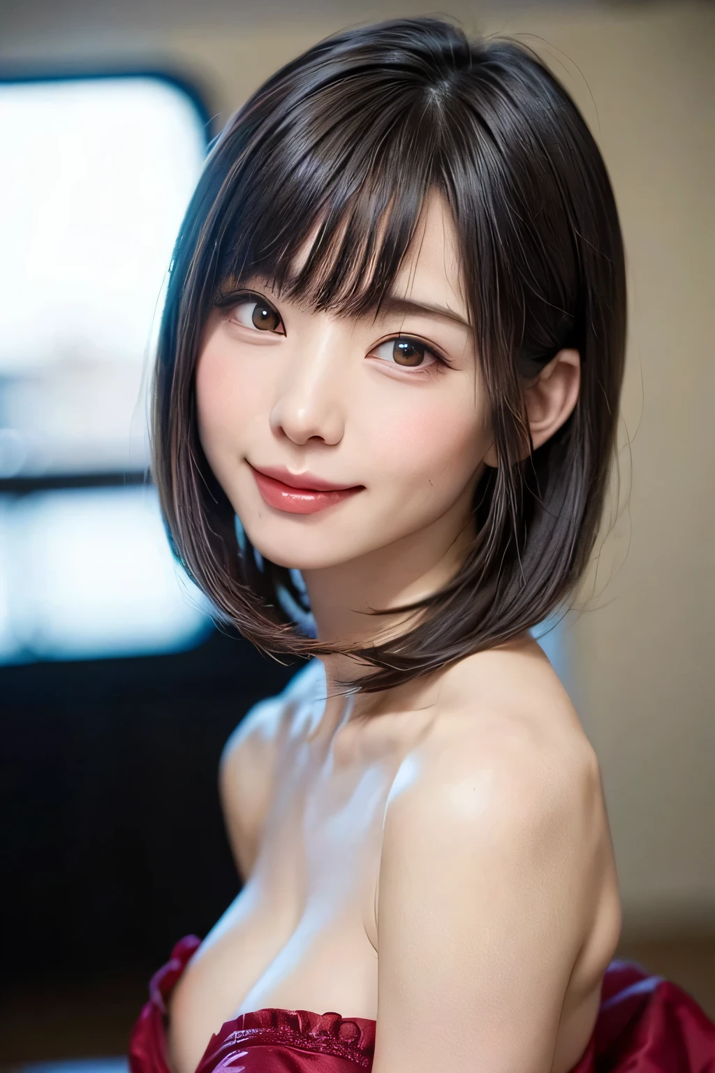 1 girl、highest quality、realistic、alone、Depth of written boundary、natural soft light、daytime、charm、beautiful face、cleanliness、pure face、white skin、cute、short hair、bangs、beach、Light of the sun、Nedium Breast Body Esbian、((セーター黄金比のbeautiful face 対称性のあるbeautiful face))、long neck、show me your ears、bangsのあるきれいな短いボブヘア、smile with your mouth closed、perfect hands指、perfect hands、perfect body、perfect face、Shine a light into your eyes、perfect anatomy:1.4、とてもcuteスーパーモデル:1.4、{Huge|big|Hugeな|mega} chest, cleavage、smile:1.6、Very beautiful teeth:1.6