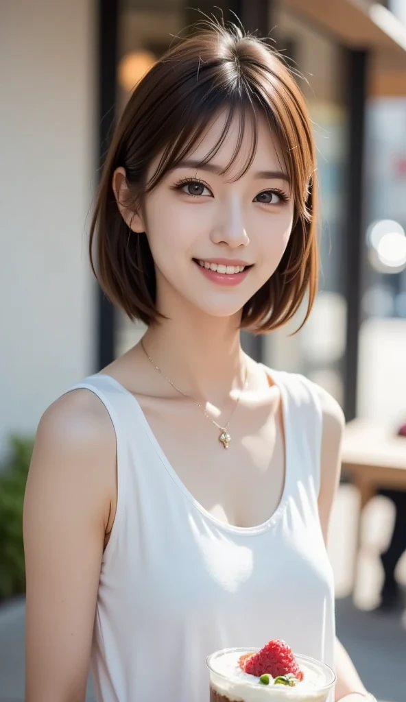 masutepiece, Best Quality, Illustration, Ultra-detailed, finely detail, hight resolution, 8K Wallpaper, Perfect dynamic composition, Beautiful detailed eyes, doress, short Hair, mid-chest, Natural Color Lip, Random and sexy poses,Smile, Blurred white studio background、20 years girl、Colossal 、Too much exposure、No shoulder dress（black）、Exposing the chest、Slid、I keep my hair tied up