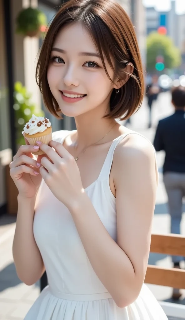 closeup shot , Best picture quality (8K, high resolution, Masterpiece: 1.2), super detailed,  215 Short Hair, 16-year-old woman, 

situation: On the terrace of a café、Women enjoying chatting while holding soft serve ice cream。
clothing: Floral dress、Sandals、sunglasses。
angle:
Close-up: A hand holding a soft serve ice cream、A detailed view of a happy, smiling face。
Detailed depiction: The exterior of the cafe in the background、With cups and small items on the table in the background、Emphasise a relaxing moment。
Emotional moment: Laughing with friends、Capturing a happy expression as she takes a bite of soft serve ice cream。


, Close-up of face :1.5

, random cute pose ,big eyes ,Puffy eyes  Heart Pupil, blush  , huge shy smile , salute

