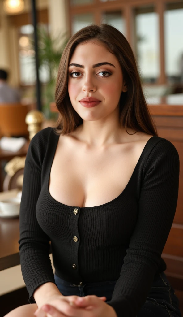 1950 Beautiful Parisian woman dressed classy at a busy Paris cafe, light blue blouse, busty, natural breasts, loose cleavage, sipping coffee, hyper detailed, sultry smile, sexy, bedroom eyes, ultra sharp, long black hair, 8k, (insanely detailed:1.5), full body photograph, 20 megapixel, canon eos r3, detailed skin, pale skin, perfect anatomy, taniaayusiregar