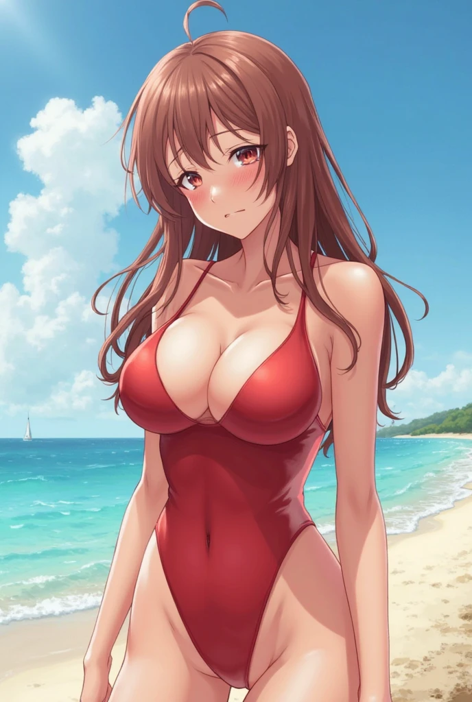 masterpiece、Best image quality、Ultra-high resolution、A teenage girl with large breasts、Long Hair Styles、Brown Hair、Red face、Shyly、mock、Open your mouth just a little、Brown eyes、Teenage girl in swimsuit showing cleavage、Sitting on the seaside、in the sea