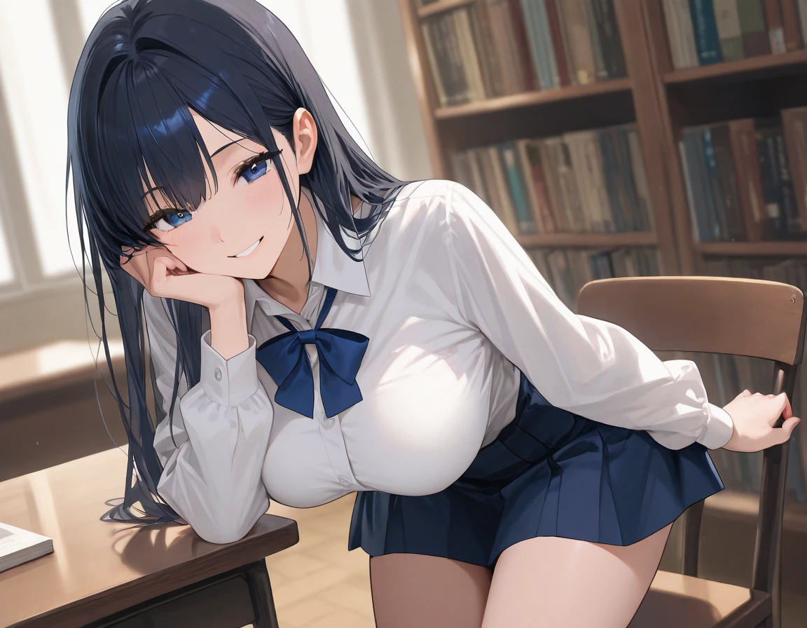 masterpiece,Highest quality,Highly detailed face,(((1 slim sexy girl))), ((1boy and 1girl are having sex)),((Cum there)),(((cowgirl position, girl on top:1.3))),(Black hair ponytail), (((Huge breasts))), (((Schoolgirl uniform、Pleated skirt:1.4))),((Girl straddling a man:1.5))、((Painful face))、Heart symbol、excited、White Breath、(((SEX in the classroom)))、(Sweat:1.2)、Nervous、Heart symbol