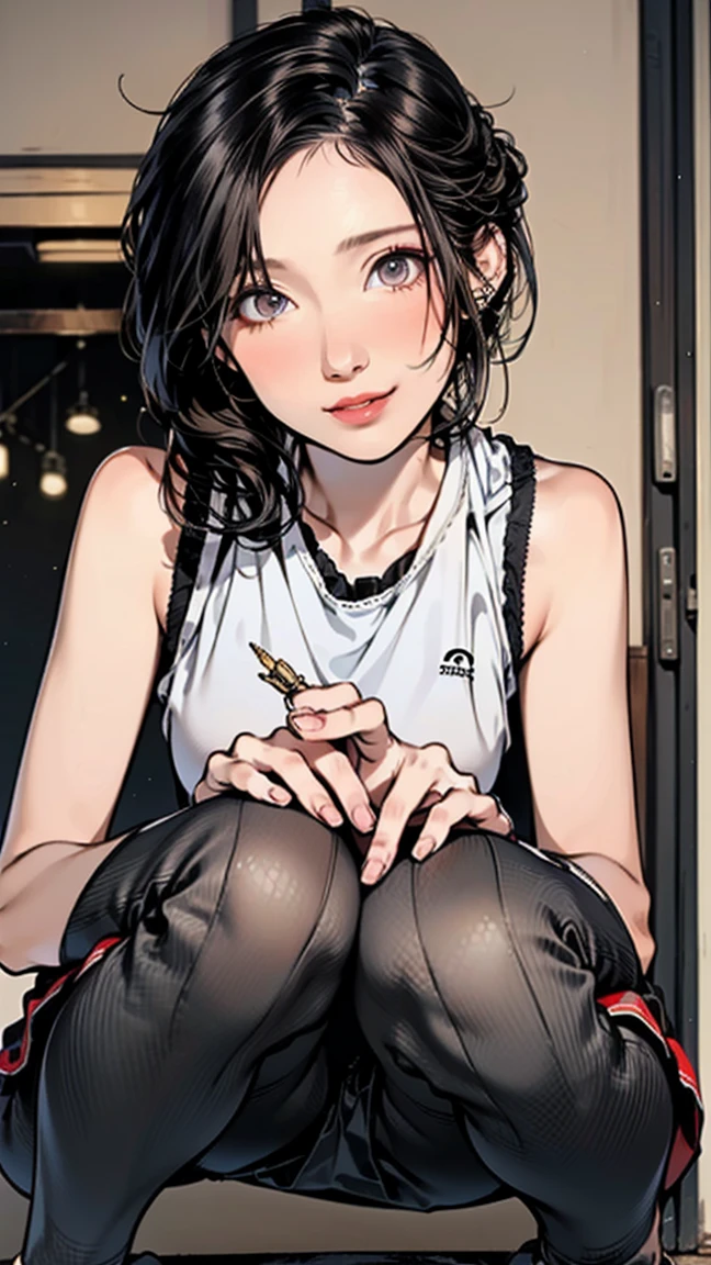 black eyed woman, short black hair, on the couch sitting sucking on a popsicle