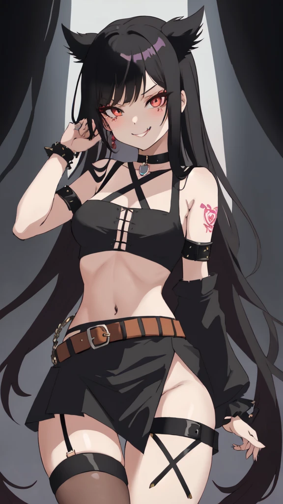 1 demon girl, prominent upward-curving black horns adorn her head, mid-long flowing black hair, black eye, a dark short-sleeved tank-top and shorts, no wings, no coat, pulling her shirt up, hand on her waist, thick