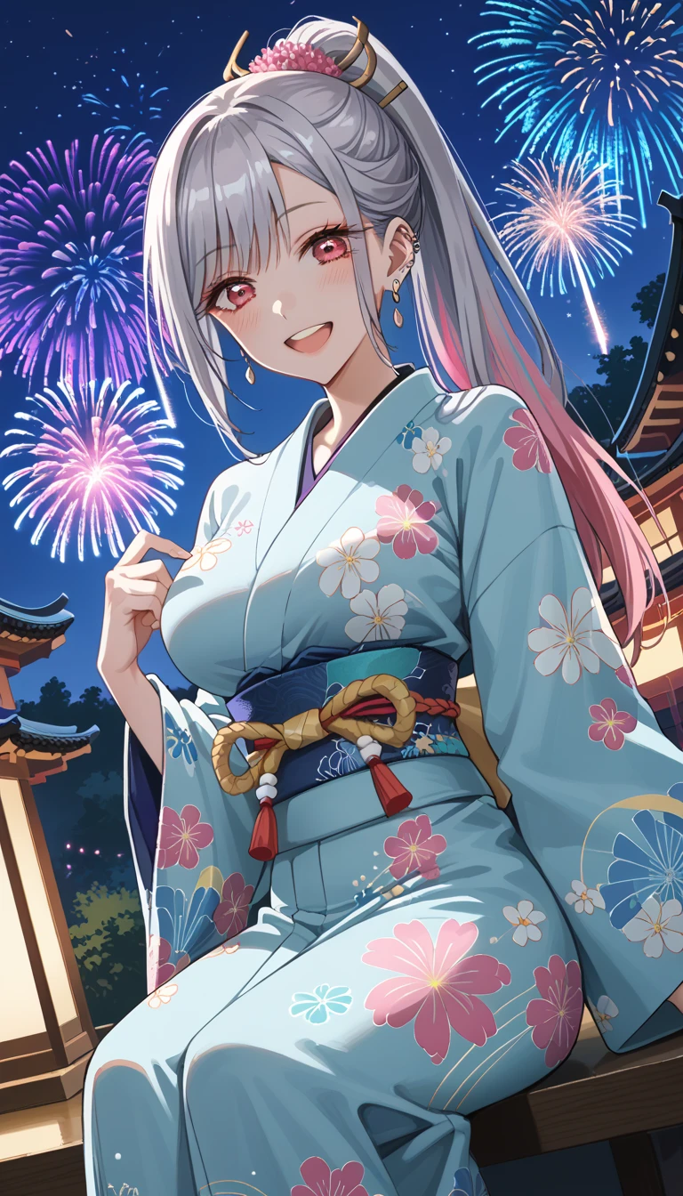"Create a high-quality, anime-style illustration of a young woman enjoying a summer festival with a stunning view of fireworks illuminating the night sky. She has long, flowing hair that glistens in the warm, festive lights, and her eyes are large and sparkling with excitement. She wears a beautiful yukata adorned with vibrant floral patterns, tied with a colorful obi. She holds a traditional paper fan and a small bag of festival treats. The background features a bustling festival street with colorful lanterns, food stalls, and lively crowds, all set against a backdrop of a picturesque town. Fireworks burst overhead, casting a magical glow over the scene. The color palette should include bright, festive colors such as deep blues, vivid reds, and sparkling golds to capture the lively and celebratory atmosphere of a summer festival. Ensure the overall image exudes a sense of joy and wonder, capturing the essence of a memorable summer night."(40 years old:1.4) 、(1 woman:1.4)、(Light purple hair:1.4),tareme、(straight long hair:1.7), Sexy white thick sweater with a view of your stomach,medium breasts,(droopy eyes:1.2)、Cheek dyeing、(purple right eye:1.4), Black denim pantedium breasts,(red left eye:1.4) 、(Eyeshadow:1.3)、(blush:1.2)、light smile、full body、BREAK (very wide:1.3),(panorama view:1.3),(sense of depth:1.5),(long shot:1.3),(magnificent view:1.3)