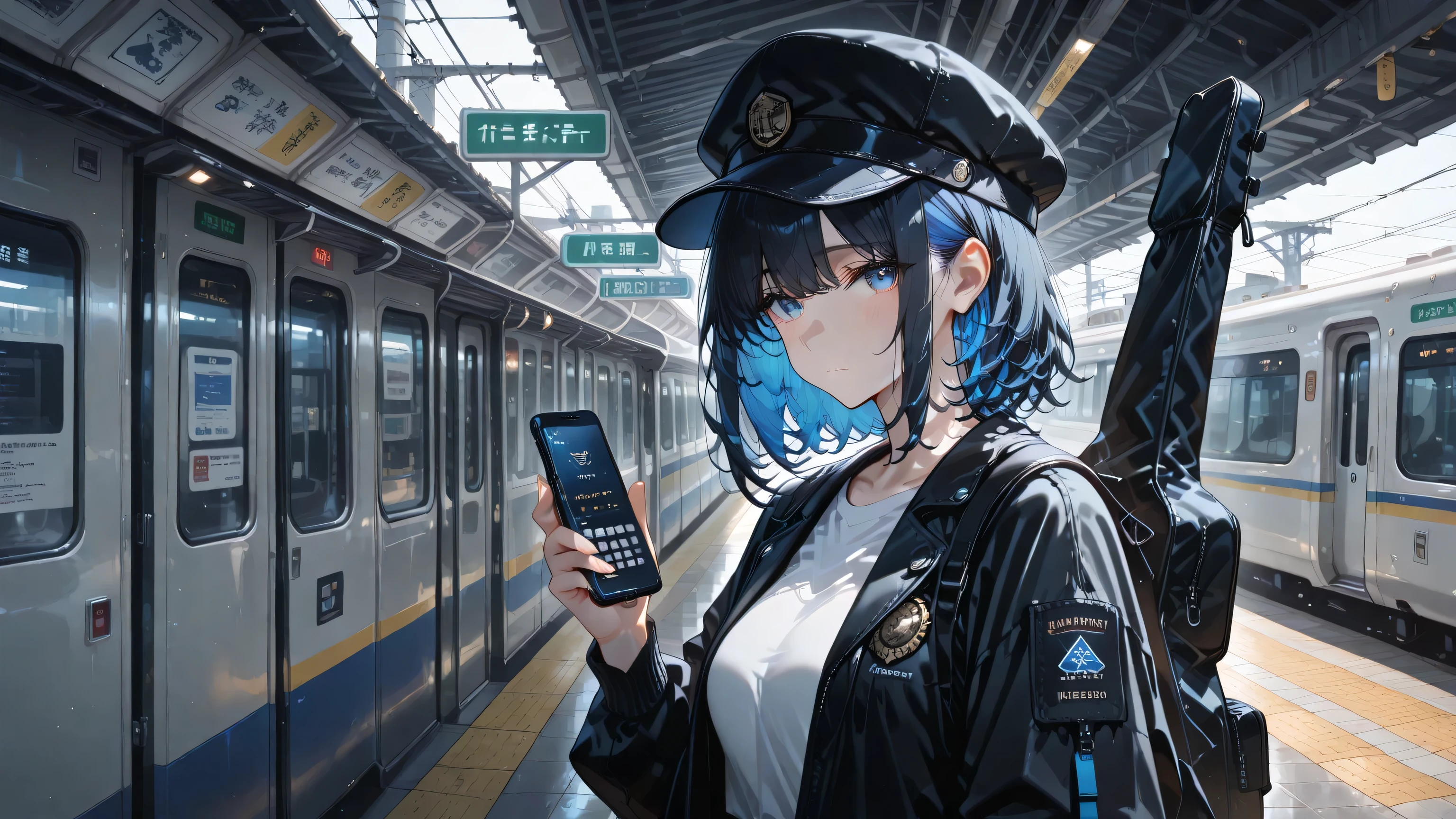 masterpiece, one girl, black medium hair, short cut, blue inner hair, asian, blue eyes, wearing jean, white shirt, black jacket, wearing cap, outdoor head phone, guitar gig bag, in front of subway station gate, eye contact with viewer, shy