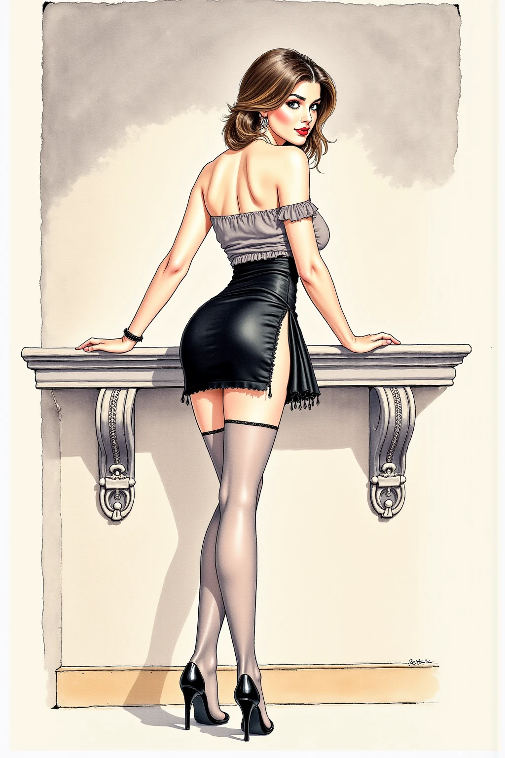 coral hair, shirt, jacket, garter belt, pencil skirt, camel toe, choker, fishnet stockings