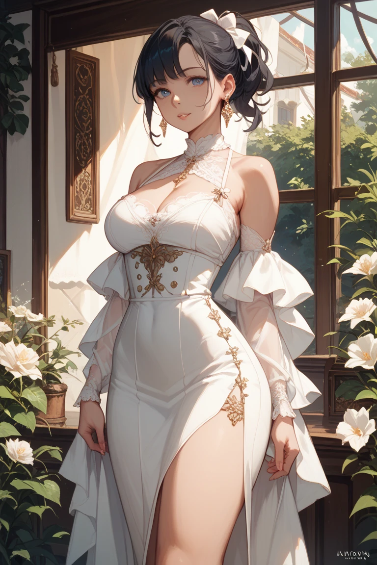 (A masterpiece of image quality in 8K),(Beautiful Allafed Woman),(((emphasizing breasts:1.3))),(Dynamic angles),(Dynamic and sexy bending pose:1.3),(sit a chair:1.3),(Short hair in shiny silver and orange inner colors,large full breasts,Disturbance of clothing due to movement,breast slip,(Ponytail twisted buns adorned with elaborate braids and beads,Braided Setup Fishbone Hair,),(see-through bangs),Huge breasts、(((A white lace apron that shows your bare skin from under your big breasts.......)))、Blush with embarrassment、Enraptured eyes、A smile that beguiles the viewer、(Look back:1.7)、Look into the photographer,skin glistening with sweat,gazing at viewer,,(Professional Lighting),(8K,masutepiece,top-quality,Ultra-high resolution output image,),(Ultra HD with complex detail image modes),depth of fields,Beautiful hands,Beautiful fingers,Detailed finger features,(Detailed hair features:1.7),detailed facial features,detailed clothes features,
