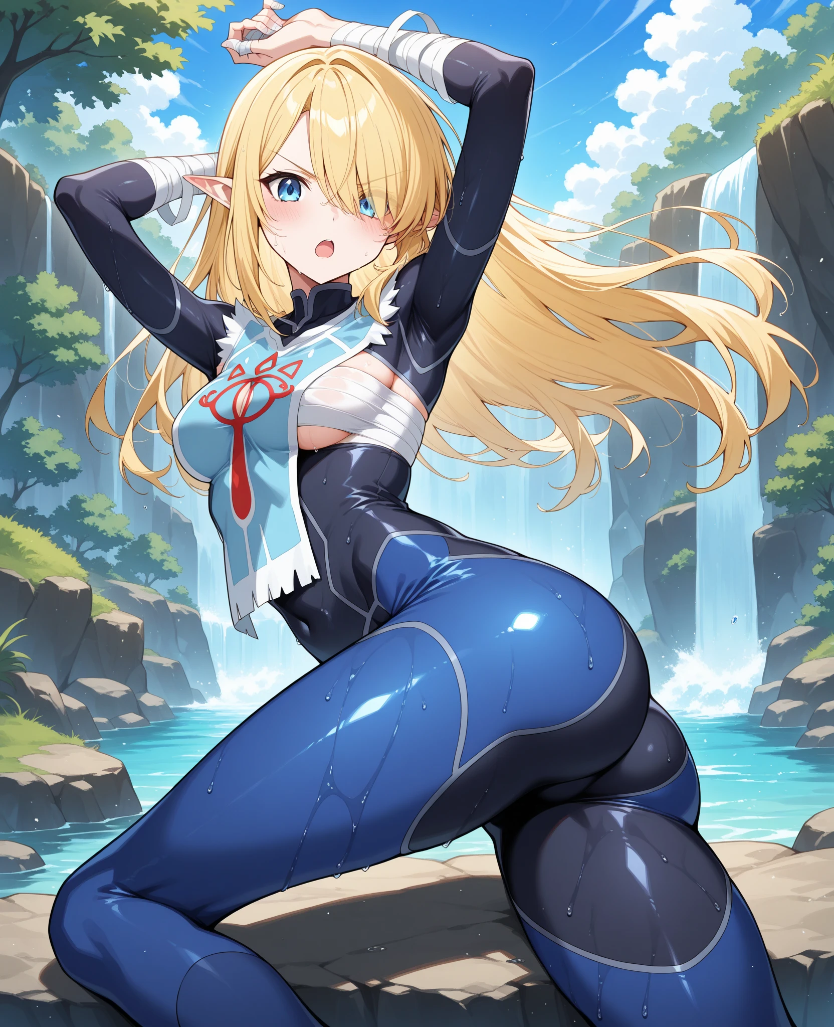 sexy, abs, tights, feet, sweating, pov, smoking, smoker, muscled girl, large breast, large hips, blond hair, straight long hair, blue eyes, more smoke, blue legging, open breast, wrestling, she's wet, with cigar, showing off, laying