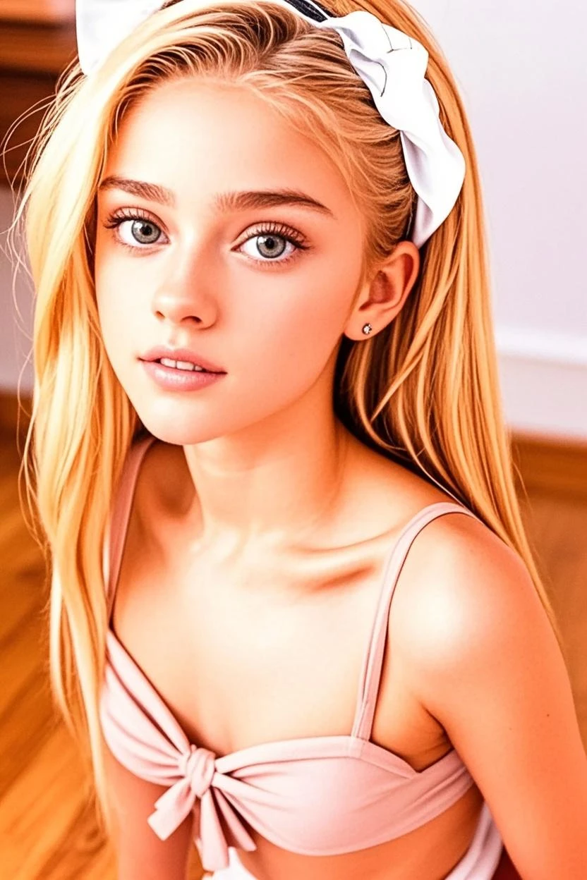 Beautiful, young white teen, long blonde hair tied in a ponytail, natural blue eyes, brightly smiling, nude, in a little girl’s bedroom with a lot of stuffed animals, posing in the style of a Playboy magazine cover, picture emphasizes her youth and beauty