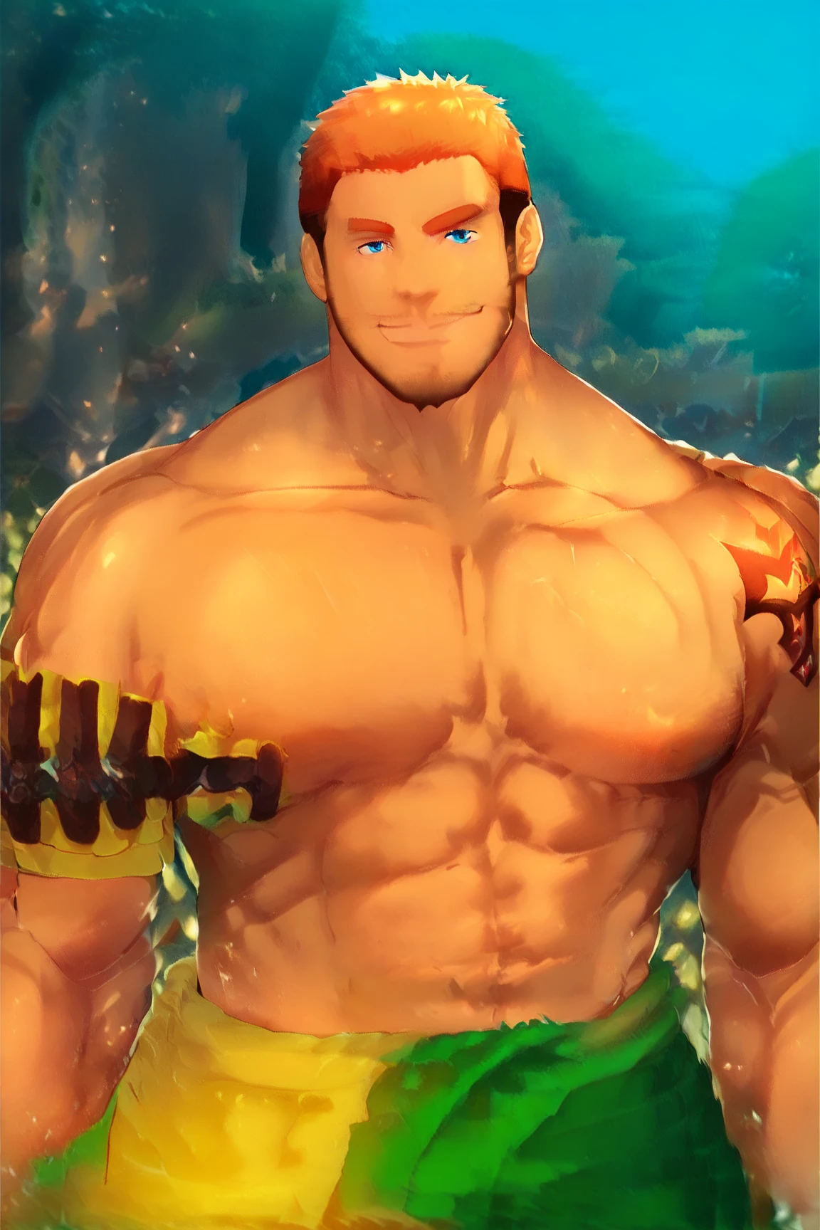 Green dragon, male, muscular body, sexy, high quality, shirtless. Wearing a Speedo that hugs his curves, a nice huge bulge accentuating his virility. Seductive grin stretches across his skull-like head, revealing sharp fangs. The background is the sun-kissed beach with the clear blue waters, creating an alluring contrast to the dragon's ominous presence. NSFW. By chunie. Detailed texturing showcases the intricate scales covering his body, as the sun casts a golden glow on his formidable figure.