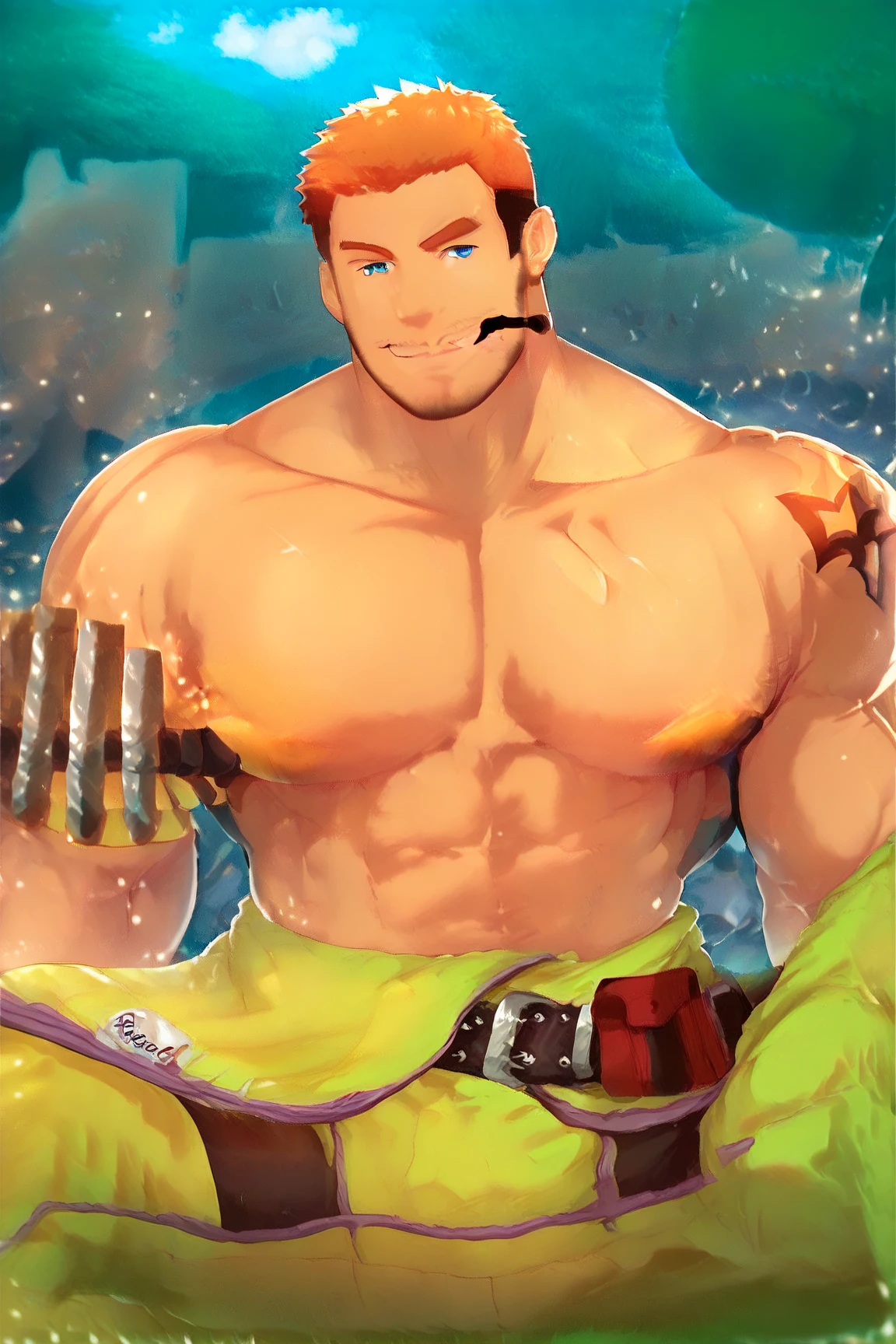 1man, musclar Knight, parted bangs, upper waist, 40yo, brown hair, evergreen eyes, thick brown eyebrow, sanpaku, tanned skin, small eyes, heavy weight mature, stocky waist, male high ideal ratio body proportions, ordinary father, masculine, naked mature kight, BREAK black swim bikini, topless, off shot, male nipples, abs, thigh, small bulge, fullbody, solo, looking side, soft smile, sexy posing, seaside, from side, 1990s, extreme all detailed, masterpiece, best quality