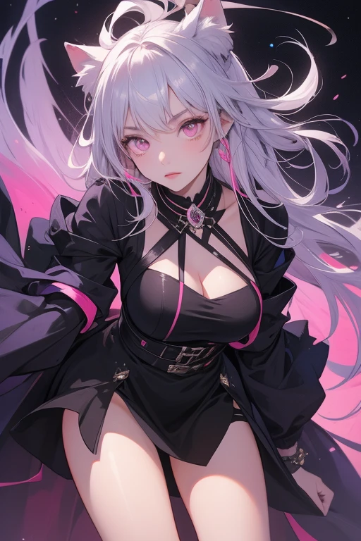 hair above one eye, red eyes, clear eyes, choker, Neon Shirt, purple pirate costume,Captain Hat、military uniform cloak,sea tribe, shineing grafiti, shineing tattoos, shine, neon light, Black light,anime style, movieポートレート写真, 1 female, Full body Esbian,blue eye background, naval battle、big and full breasts, anger, (scarlet colored hair), long hair, purple eyes, wearing a short black dress, (natural skin texture vivid details, surreal, (realistic detailed eyes, natural skin texture, realistic facial details), soft and dramatic lighting, Depth of written boundary, Bokeh, vivid details, surreal, 35mm movie, hazy blur, movie,lipstick, ear piercing, eye shadow, hoop earrings, Red-pink lips, 多色のred eyes, purple theme,Wear an iridescent aura,beautiful eyes,There are many treasure chests、grab the gem,bold pose、decide on a pose,upper ponytail,Hanging bangs,have a battle knife、handgun,Run around the battlefield