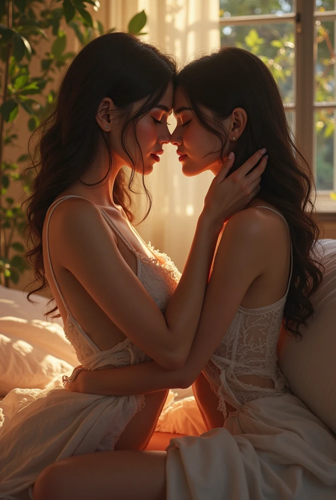 Two women sharing a passionate kiss in a cozy bed, adorned in silk nighties that shimmer softly in the dim light. Their eyes, wide open, reflect the intensity of the moment as they hold each other close. The room is suffused with the gentle glow of candlelight, casting warm shadows on the walls. The air is filled with a sense of intimacy and vulnerability, their connection palpable through their touch and the electricity in the air. Capture this scene in a soft and evocative illustration, with a focus on capturing their expressions and the interplay of light and shadow
