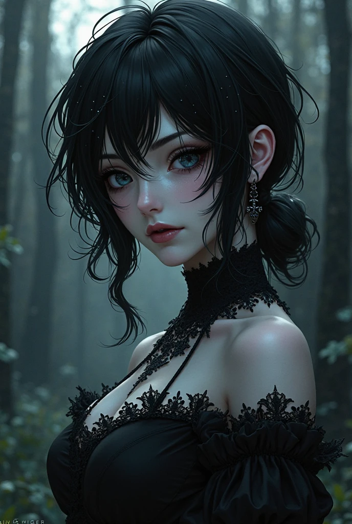 (Realistic:1.5), photo shot on Nikon D850, 16k, full body shot, masterpiece, Detailed, breathtaking, atmospheric perspective, diffusion, 80mm Sigma f2, depth of field, film grain, (((high resolution))), (((extremely detailed))), (cute woman, greyscale photo), little smile, sweet, (ultra-detailed), looks like Emily Jane Browning, sexy, pleasure, (in the dark mystic forest), (detailed eyes), (lifelike skin texture), slim physical, by Steve Hanks, looks at viewer, cinematic light, depth of field, dark fantasy unrealistic background), (freckles:0.5), detailed intricate eyes, depth of field, 35 mm, analog photo style, dark atmosphere, messy hair, most small details, hair ornament