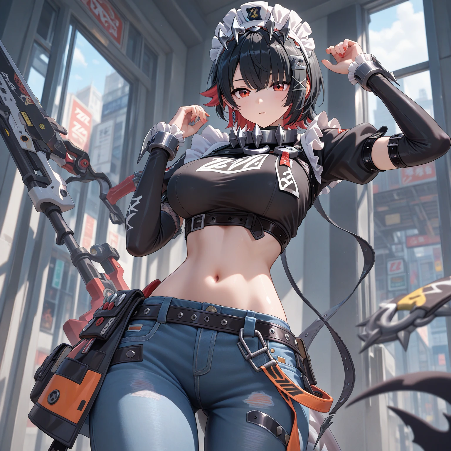 ((best quality)), (detailed), 1 women dark elf knight armor, 8k_wallpaper, extremely detailed eyes, (large masterpiece digital art), (intricate details:1.3 ), (ultra-detailed:1.3), (sharp focus:1.3), (natural lighting:1.05), (vivid colors:1.3), (best quality:1.4), expressive eyes, full body, detailed face, beautiful face, perfect face, ((lush thick and curly hair tied with a blue ribbon in a tousled ponytail)), (red eyes), {{dark skin}}, ({dark skinned female}), big breasts, huge chest, powerful relief muscles of the abdomen and legs, powerful strong muscles of the arms, belly piercing with blue emeralds, mid-range pelvis and big ass, arms and neck are covered with tattoos, cruel predatory and cold-blooded arrogant look and smile, an open red coat with rolled up sleeves, composition coat open to the waist with rolled up sleeves, a silk yellow crop top through the fabric of which the clear outlines of large pointed nipples are visible, a wide orange belt with large gold yarn, denim mini-shorts through which the outlines of a large vagina are visible, leather gloves, steel bracers and shoulder pads, silver chain mail armlets, a hiking backpack, a walk along the street of a destroyed city overgrown with grass and blooming flowers, in cyberpunk style,