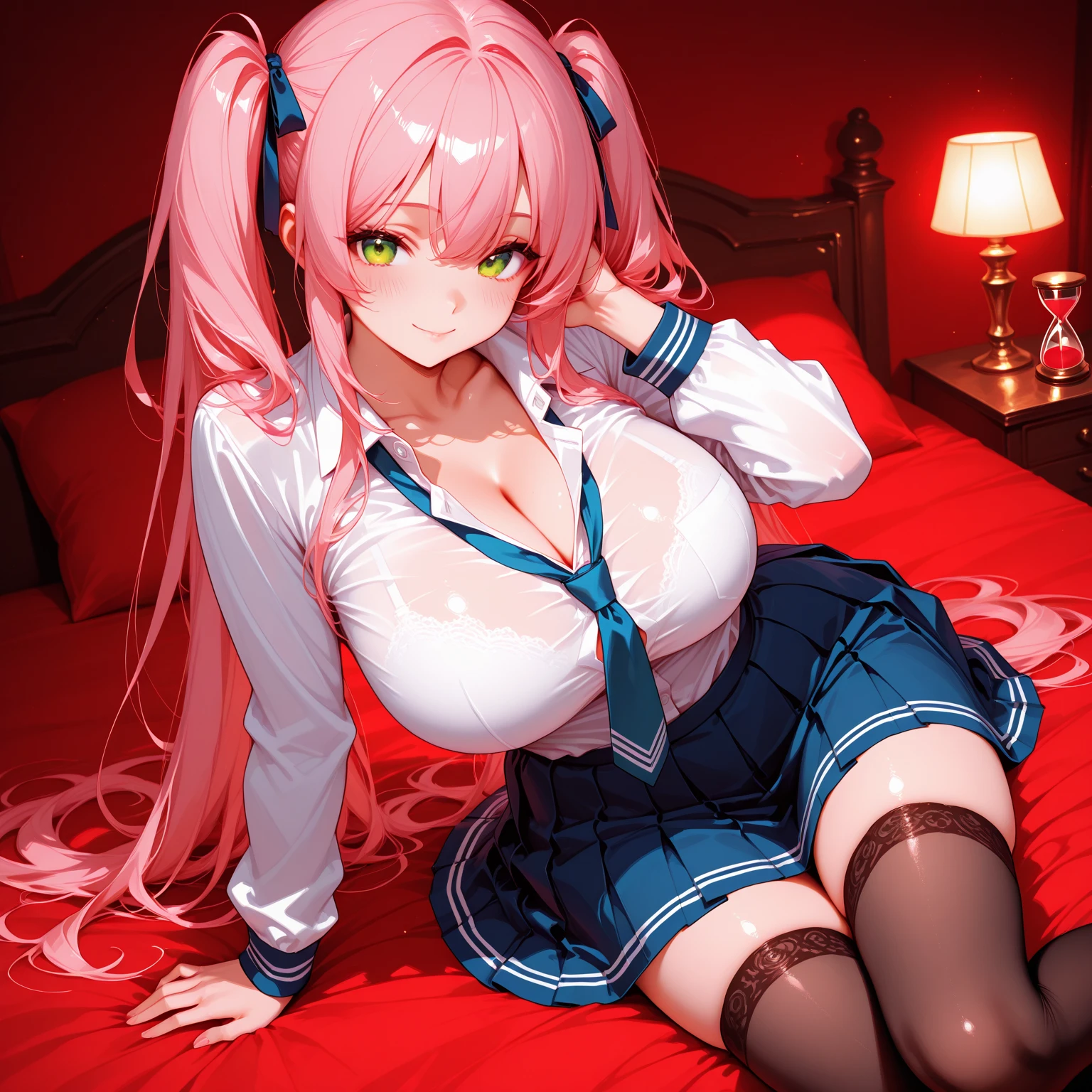 Composition from thighs to face,1 girl ,White cat ears,whaite hair,Plush cat's paw gloves,eBlue eyes,Hair, Cute and playful,Delicate makeup, ssmile,Blush high,cropped shoulders,smooth thigh,Long bare legs,Five fingers, tempting pose,Cute pose,seductive anime girls,rosy lips,Bedrooms,The perfect body,Leaning forward,body facing the front, gracefulpose,Sexy body, Sexy girl,best faces,Smaller breasts,Convex buttocks,Pink pleated skirt,Pink pleated skirt, Pink breasted dress,Pink treasure dress,Red and pink belt,Pink tights,Sleeping on the Bed,cleavage,a black skirt,white stockings,鎖骨,Perfect anatomy, 8 k artistic photography, Arte conceptual fotorrealista, soft natural volumetric cinematic perfect light,HD ,trending on artstationh , vibrant, ultra high quality model, Chiaroscuro
