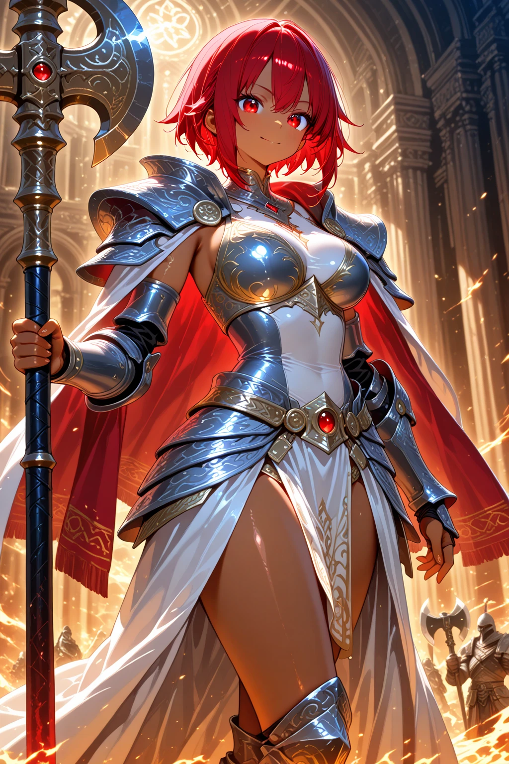 masterpiece,best quality,1girl,(MoonCrux,PugilismForm),wide hips,light frown,standing,thin gap,simple background,cowboy shot,
