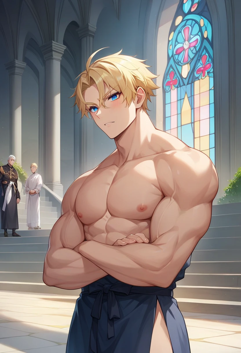 ((A young adult blond male with huge manly sagging pecs wearing erotic breast curtain outfit)), he is posing seductively bystanders watching him, NSFW, yaoi, hentai, porn, his penis is erect and lifting through curtain dress, (artstyle inspired by nucarnival), very erotic shot, visible testicles,