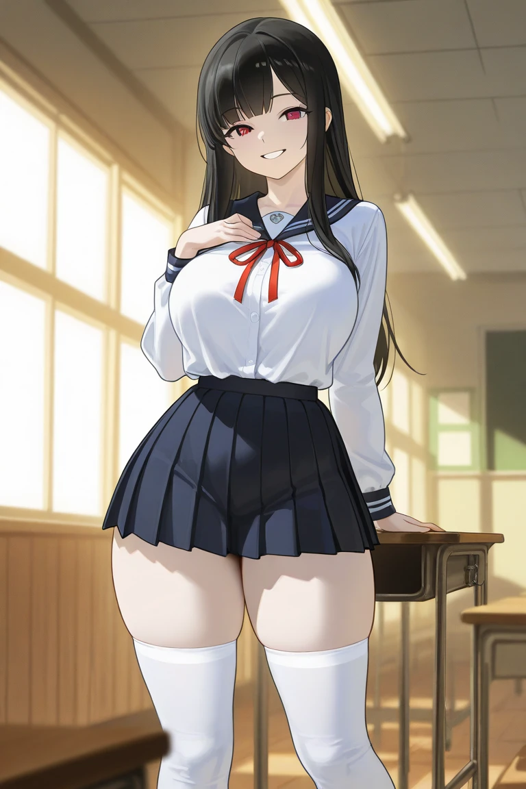 masterpiece、highest quality、1 girl、high school girl、18-year-old、Perfect Face、Shiny skin、Random Uniform、(Random Hairstyles)、Big eyes、tall)、Beautiful Hair、Beautiful Eyes、Perfect proportions、Beautiful thighs、Beautiful legs、Beautiful fingers、((Glasses、High-quality fabric、brown knit vest、Short sleeve white collar shirt、Navy Pleated Skirt、A bow tie))、After school in the classroom、(smile)、(((((Skirt Lift、panties are visible)))))