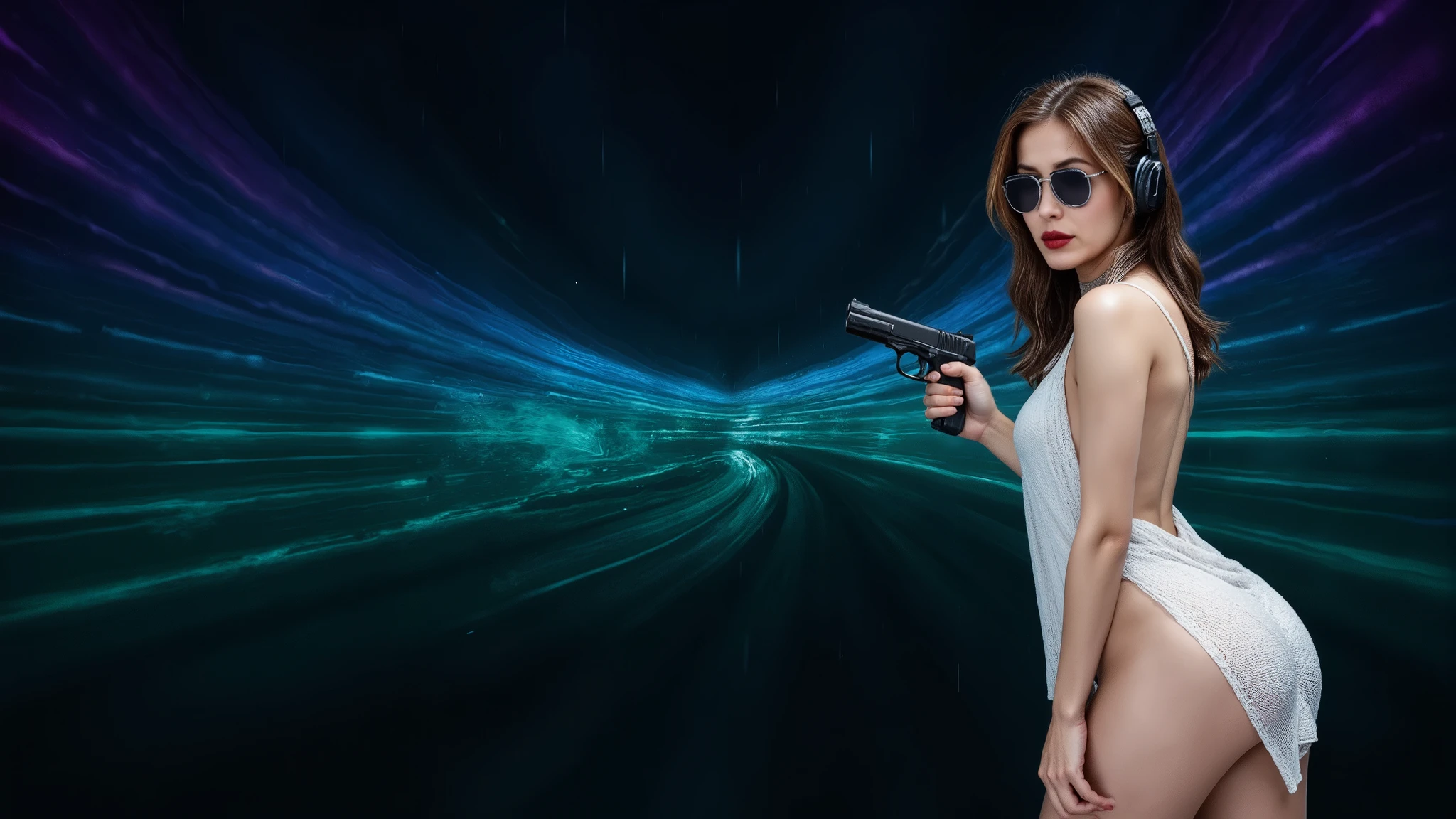 (high view. a vibrant sci-fi image depicting warp speed, with dynamic streams of purple and blue light bursting outward, creating an energetic and immersive 4K Ultra HD abstract curve background, 1drone, neon lights), rainy night. (1girl, solo, large-breast:1.1 slim body:0.8, cleavage:1.1, wind blowing transparent:1.6  black shift dress:1.4, , transparency:1.6, lace G-string mini white ), (headphone, black sunglasses), (((((aiming pistol at viewer))))), running pose, (((half-body thigh level close-up:1.6 shot))), cinematic lighting.