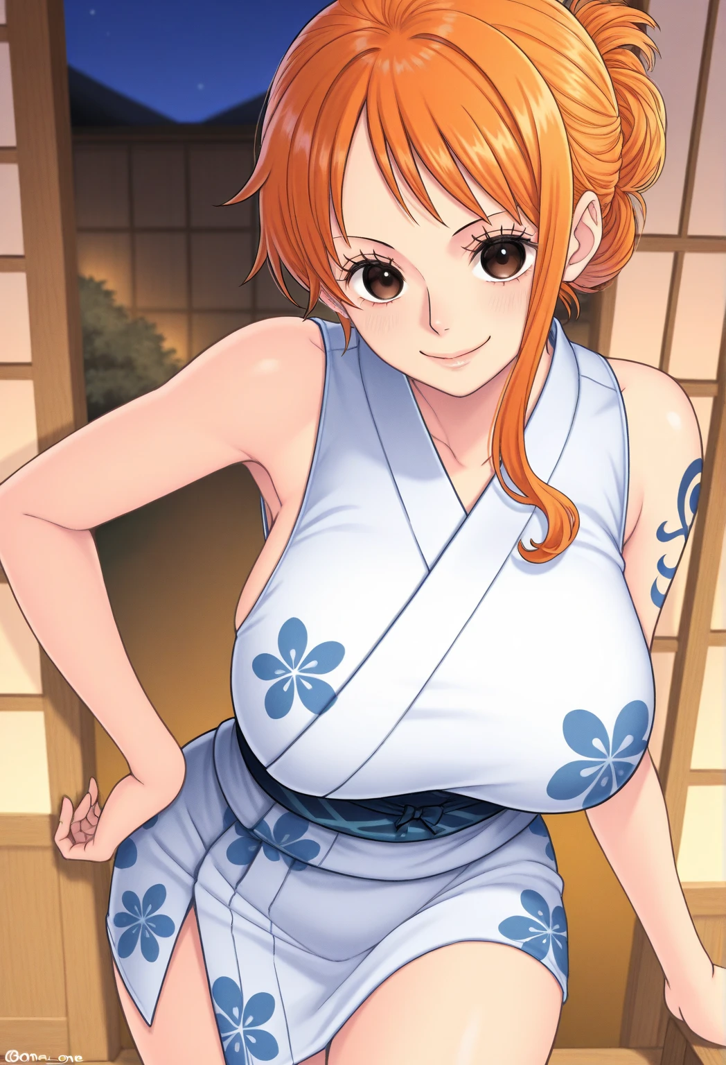 (Masterpiece, Best Quality, High Quality), professional artwork, well drawn, Intricate Details,solo,in village
Kousaka honoka, afternoon
, ultra detail hair, ultra detail face, perfect eyes, earring, Looking at Viewer, pink clothes , off shoulder kimono, cleavage, big breasts,thighhighs, (thicc thighs), thighs gap,dark orange hair , standing , sexy