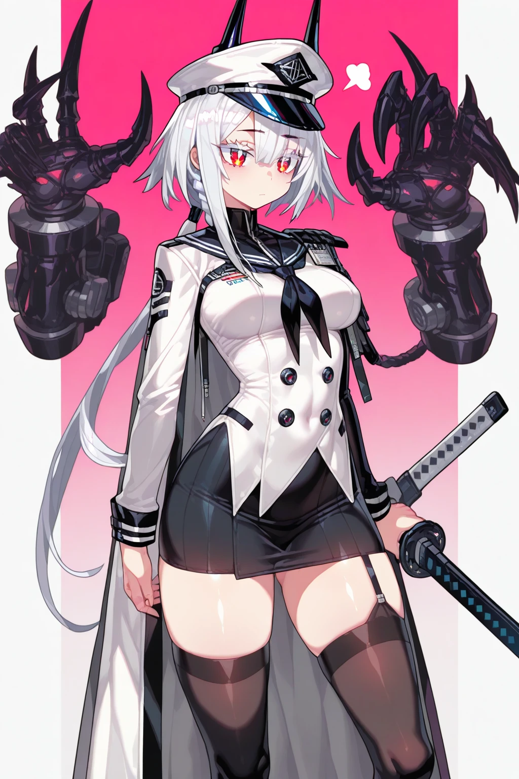 1girl, red eyes short hair, white hair, hair over eye, skinny body, tight abs, medium breasts, big ass