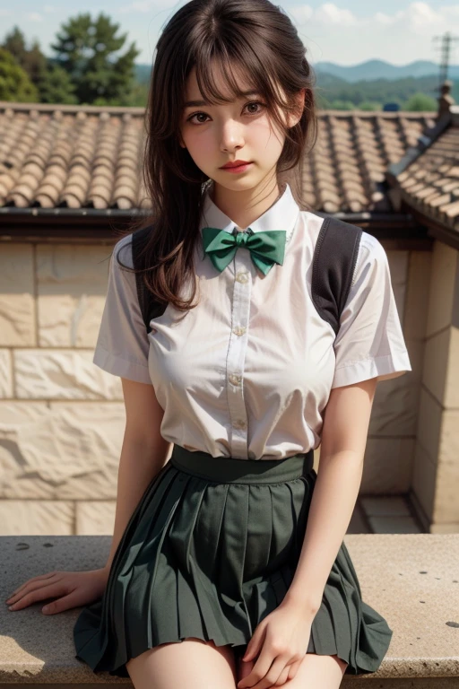 (8k, RAW photo, best quality, mastery:1.3),(realistic,photo-realistic:1.37),(looking viewer:1.331),(green 
 hair), posing, Tokyo street, cyberpunk city, soft light, 1girl, extremely beautiful face, hands down, hairstyle casual, expression casual, big eyes, lower abdomen, (short sleeve JK_shirt), JK_style, (green JK_skirt), (bow JK_tie), mix4, full body, full body photo