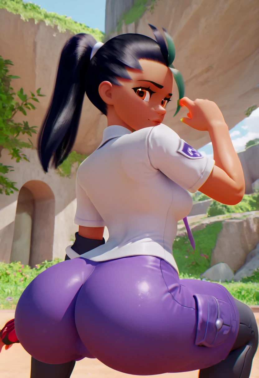 vidia mutacion con cuerpo de caballo, su piel es uniforme, vista desde atras, looking back, grandes pechos, hombros descubiertos, Looking back, ponytail, extreme long hair, cabello multicolor entre negro y morado, enorme, Las piernas abiertas son visibles, falda corta con plieges