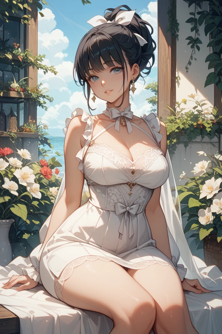 absurdres, RAW photo, extremely delicate and beautiful, masterpiece, Best Quality, ultra high resolution, 32k, hyperrealistic, ultra-detailed, detailed description, pale skin, 20 years old, detailed beautiful face and eyes, tearful mole, earring, (Colossal tits), short medium hair, wavy hair, (full body shot), alone, Victorian, dress,