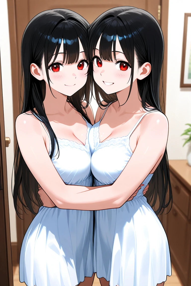 Young women,Black long hair,big eyes,Beautiful face,Wear a white loose T-shirt,Having male genitalia,The hem of the T-shirt covers part of the lower body,Kneel in front of the mirror,Hands grasp the chest,Expression of surprise and confusion,White fluid leaking from chest,Red cheeks,Slight sweating。