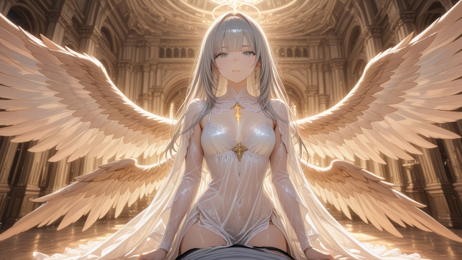 （8K ，hyper-detailing，ultra real photo，Best masterpiece，natural，Perfect artwork，Perfect female body），Cute busty girl ，Hair color，（bigger），Angelic，obsessed，the angel's wings，The halo，Beautiful church，beautiful rain of petals，Gorgeous accessories，golden brilliance，Wearing a see-through sexy black gauze skirt，Sexy transparent black dress，ssee-throuuilt-in thong，裂纹比较bigger，stretch the meat，Raised sexy，Flirtatious，Obscenity exposed