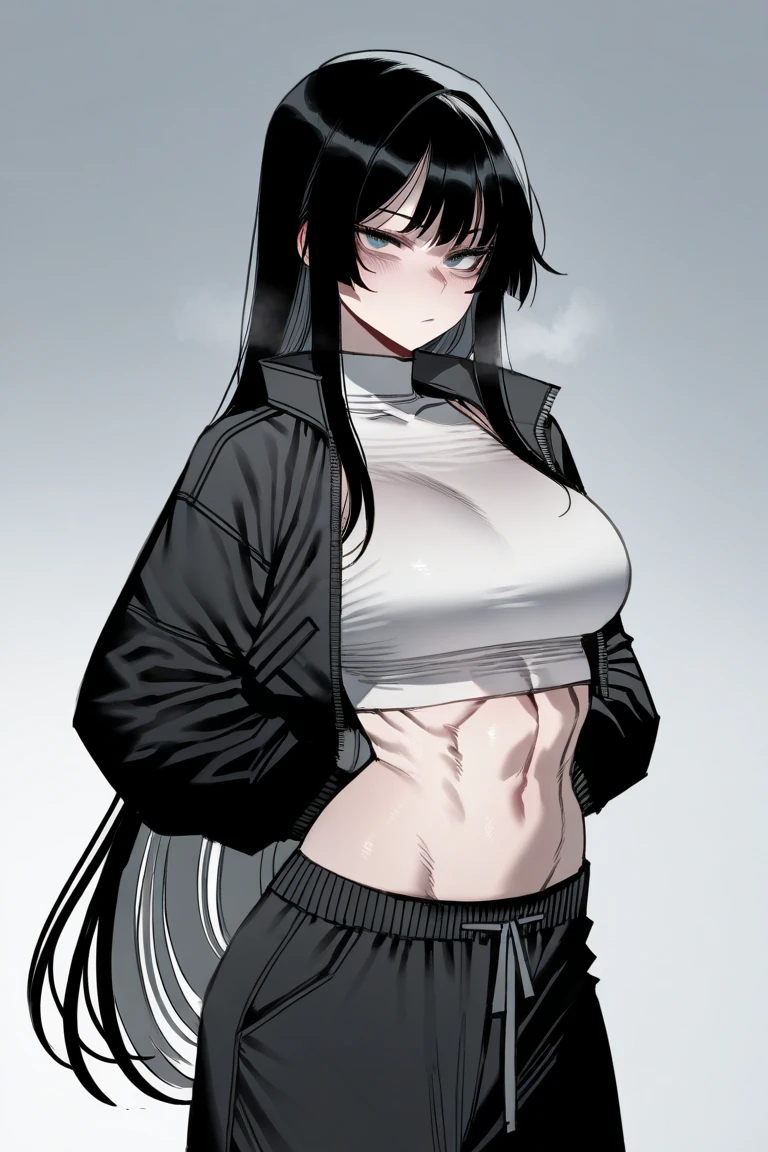 1woman, very long black hair, blunt bangs, sharp red eyes, big breast, wide hips, black off-shoulder shirt, black pants, serious face, ((hands in pockets pose)), ((solo)), ((best quality)), ((masterpiece)), portrait, looking at the camera, front view, simple background, ((detailed)), ((perfect anatomy)), ((detailed art)), ((high definition)), ((4k)), ((high resolution))