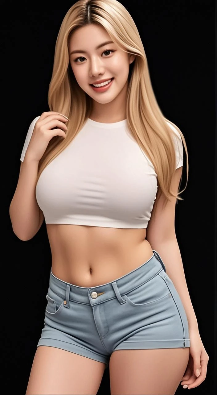 1girl, (ojos azules), (They are smiling), (En nombre de Minaj), caderas anchas, tetas grandes, (grande), (La mejor calidad, 8k, Obra maestra: 1.3), Manos perfectas, Enfoque claro: 1.2, Belleza corporal perfecta: 1.4, abdominales delgados: 1.2, Highly Detailed Face and Skin Texture, ojos detallados, 双眼皮, (Cabello largo rubio), (pantalones cortos naranjas ajustados), (camiseta blanca con escote), En pie, dynamic pose, en un bar