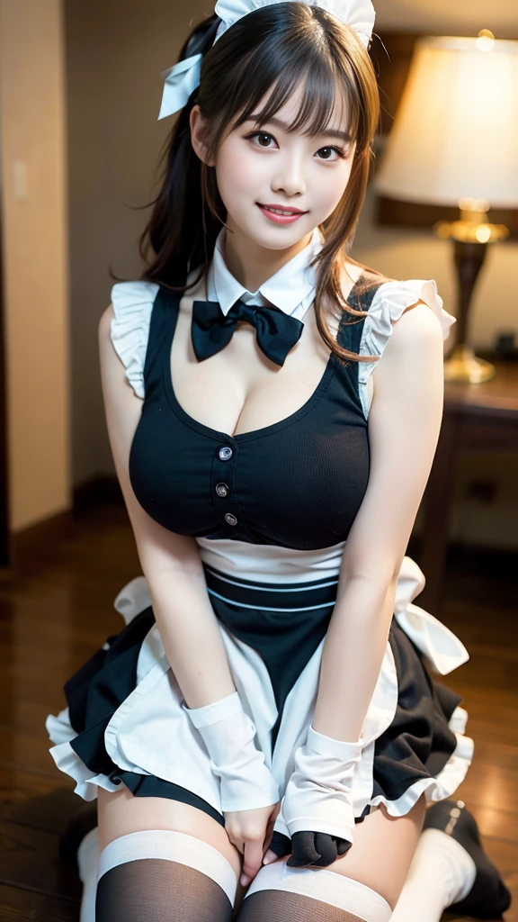 ((big breasts:1.2))、brown hair、dull bangs、((straight hair))、sexy maid outfit、frilly maid headband、apron mini skirt、knee high socks with frills、(Tight long satin gloves)、Fair skin、sexy pose、fantastic night city、A cafe crowded with people、cute smile