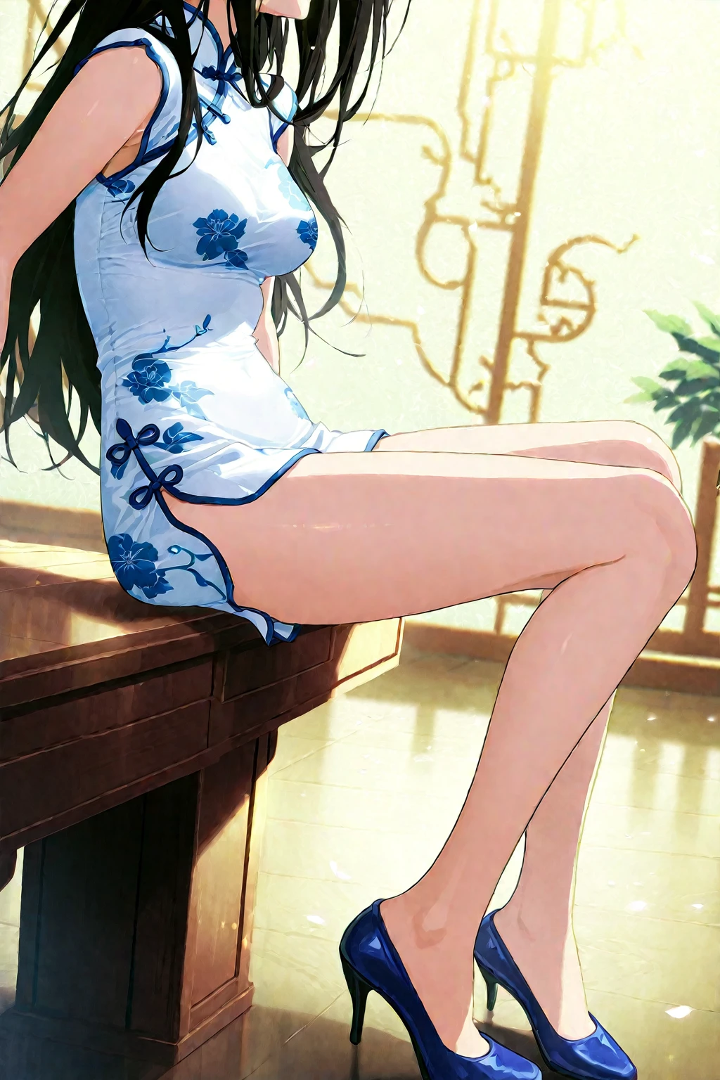 NSFW, 8K Raw photograph, Best quality, Masterpiece, 超高分辨率, view the viewer, (Long brown hair:1.2), Natural skin texture, Realistic eye and face details, blusher (Makeup), full pouty lips, parted lip, lipstick, Beautiful legs, Tall female, Skinny, Unoccluded，Lori huge breasts cleavage，The kinky is exposed，Slim_Legs, upper legs_the gap, model, Medium breasts, Chinese courtyard, Outdoors, china dress,