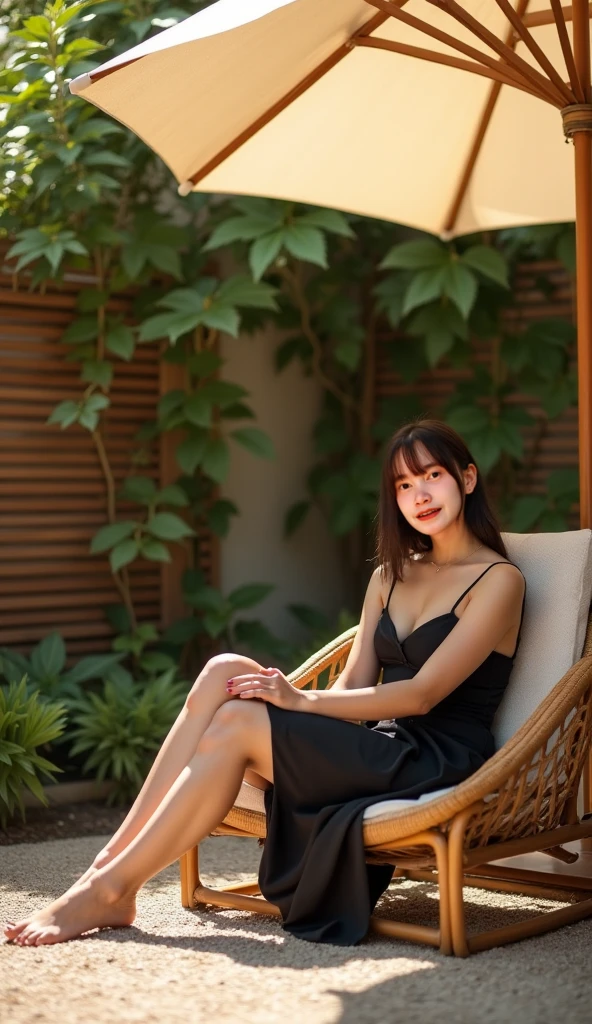 Ralph woman sitting on green bench in black , hot with shining sun, Gorgeous young Korean woman, beautiful Korean women, On a sunny day, wearing two - piece swimsuit, Korean girl, Attractive pose, cottagecore!! fitness body, 2 4 year old female model,  pose, In the park, In Park, Hot and sunny