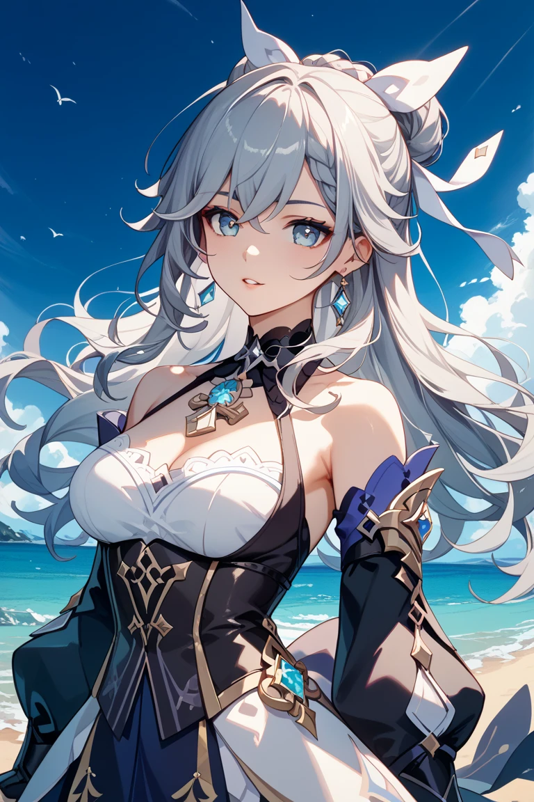 de pele branca、{{爆乳}}、{{Gigantic bust}}、Long、White hair、shores、Looking up、is standing、Shoulder back、top-quality、The wind is blowing、Hair flutters