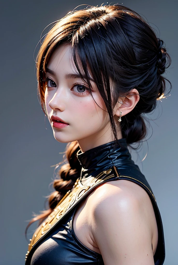 ((best quality)), ((masterpiece)), (detailed), perfect face. Black hair. Ponytail. Asian girl. Black eyes. Nipple. Armpit.