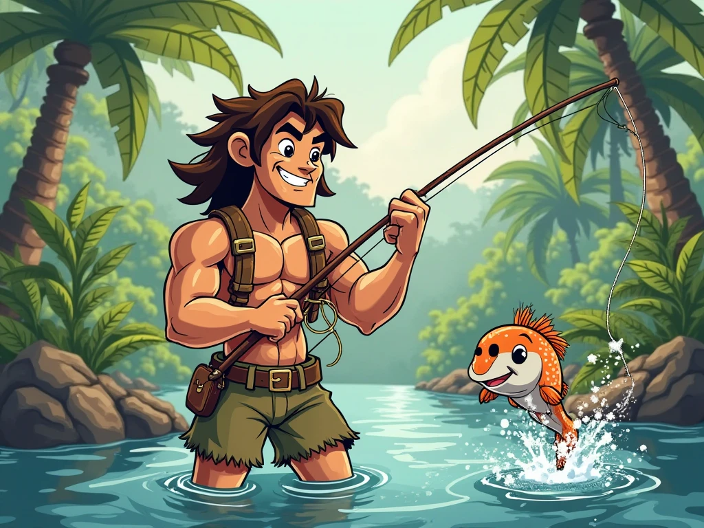 homem musculoso, pele marrom , cabelo raspado, sem camisa, sunga verde, no fundo no oceano escuro, next to several sharks, Peixes, A huge red octopus with long tentacles, uma baleia enorme, pequenas aguas vivas.