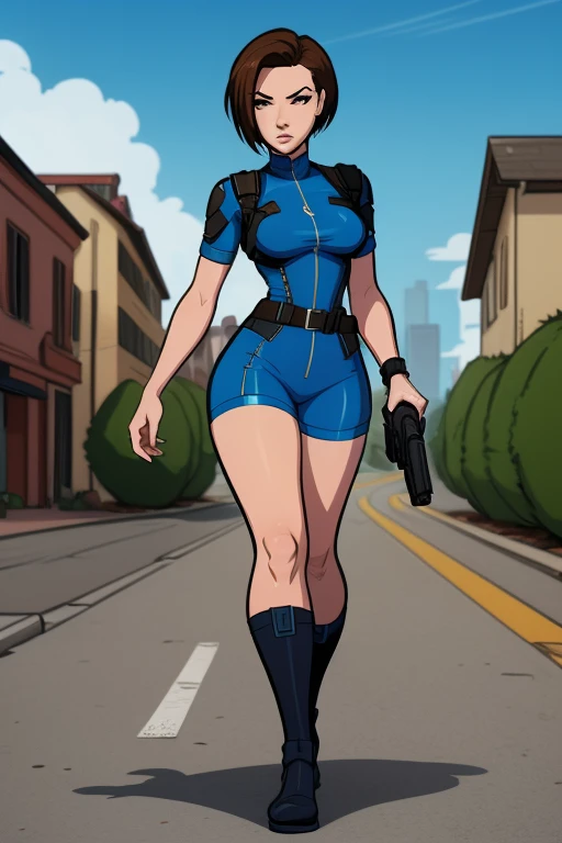 Full body, realistic, 1 beautiful woman, solo, big breasts, blue hair, blue crop top, blue skirt, blue gloves, blue high heel boots