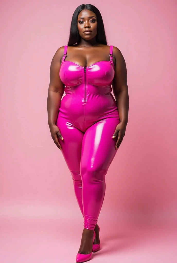A full-length color photo of a black woman female swimmer, (massive breasts:1.3), (slim waist:1.3), (pink one-piece swimsuit:1.3), (shiny pink pvc material), high cut leg, long red hair, (erect, speedo, front zipper, unzipped, wet skin, wet hair, wide hips, toned body, breeding material