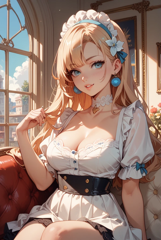 a beautiful 20 year old blonde woman with big messy hair in a blue dress, white stockings, black headband, cleavage, full body? fantasy art style, rossdraws cartoon vibrant, alice in wonderland cyberpunk, cute detailed digital art, colorfull digital fantasy art, digital fantasy art ), glossy digital painting, rossdraws pastel vibrant, rossdraws 2. 5, rossdraws 1. 0