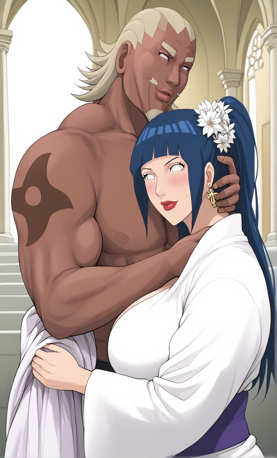 hinata hyuuga, 1girl, ((barnet))), cabelo azul longo, puffy lips, painted lips, thick lips, quadris largos, coxas grossas, Peito redondo enorme, erotic kiss face, pele oleosa e brilhante, seios espremidos juntos, enormes seios naturais enormes, Seios naturais, nua, sinais manuais, Posando