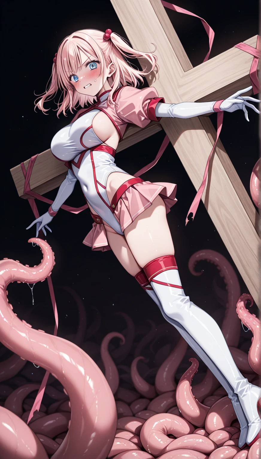 perfect hand,perfect anatomy,masutepiece,Best Quality,Ultra-detailed,High resolution,Unity 8k壁纸,super detailed skin,Cinematic lighting,makima、mid night、Metamorphosis、red blush、Tentacles are touching the crotch、Tentacles are touching the chest、Tentacles restraining limbs、Octopus near the crotch、octopus pit、((((vulgarity))))、