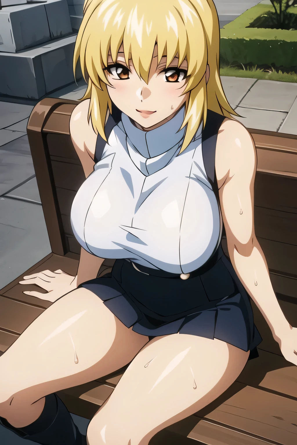 <lora:Kongou_Aoki:0.7>, a woman with blonde hair sitting on a white surface, by Shingei, pixiv, team rocket, exposed thighs!!!, nipple, mushroom, no panties, pussy, elegance pubic hair, blushed