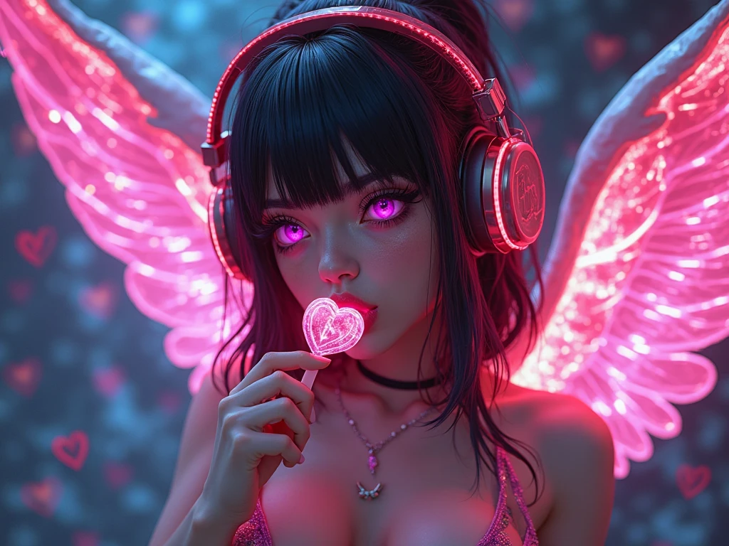 photo RAW, portrait,medium shot,
[Aly Michalka|Farrah Fawcett],  scifi alien bimbo style, pheromones, (gooning), entranced, (mind_control_headset), hypnosis, glowing eyes, heart shaped pupils,
Gamer Girl Bedroom,  cupidtech , <lora:CupidTech:1>,